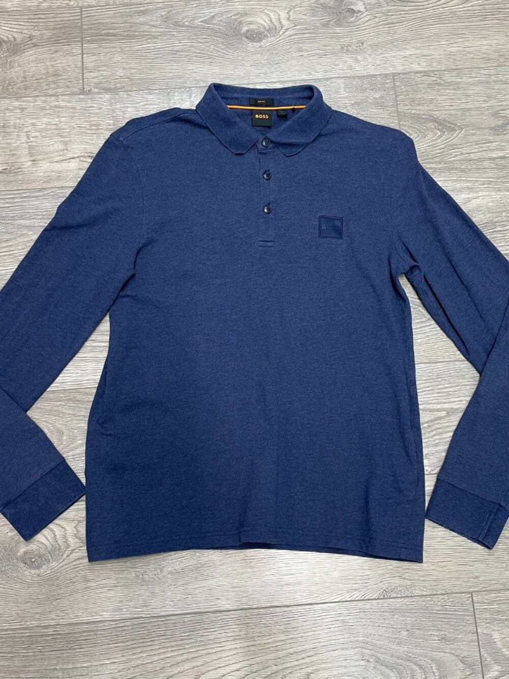 Hugo Boss Long Sleeve Polo Shirt Mens Medium Blue Slim Fit Rubber Patch Logo